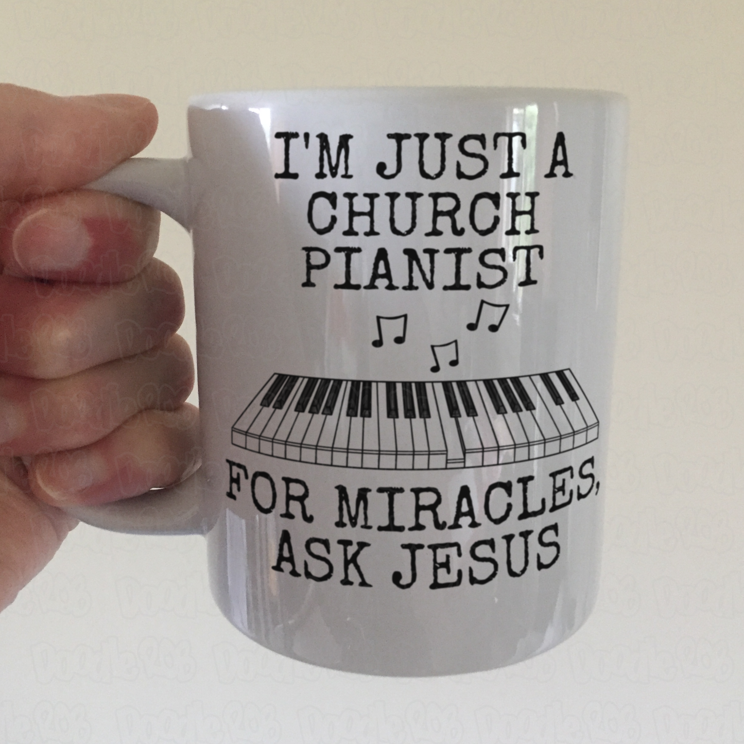 Funny Church Pianist Mug - For Miracles, Ask Jesus - Christian Musician Gift