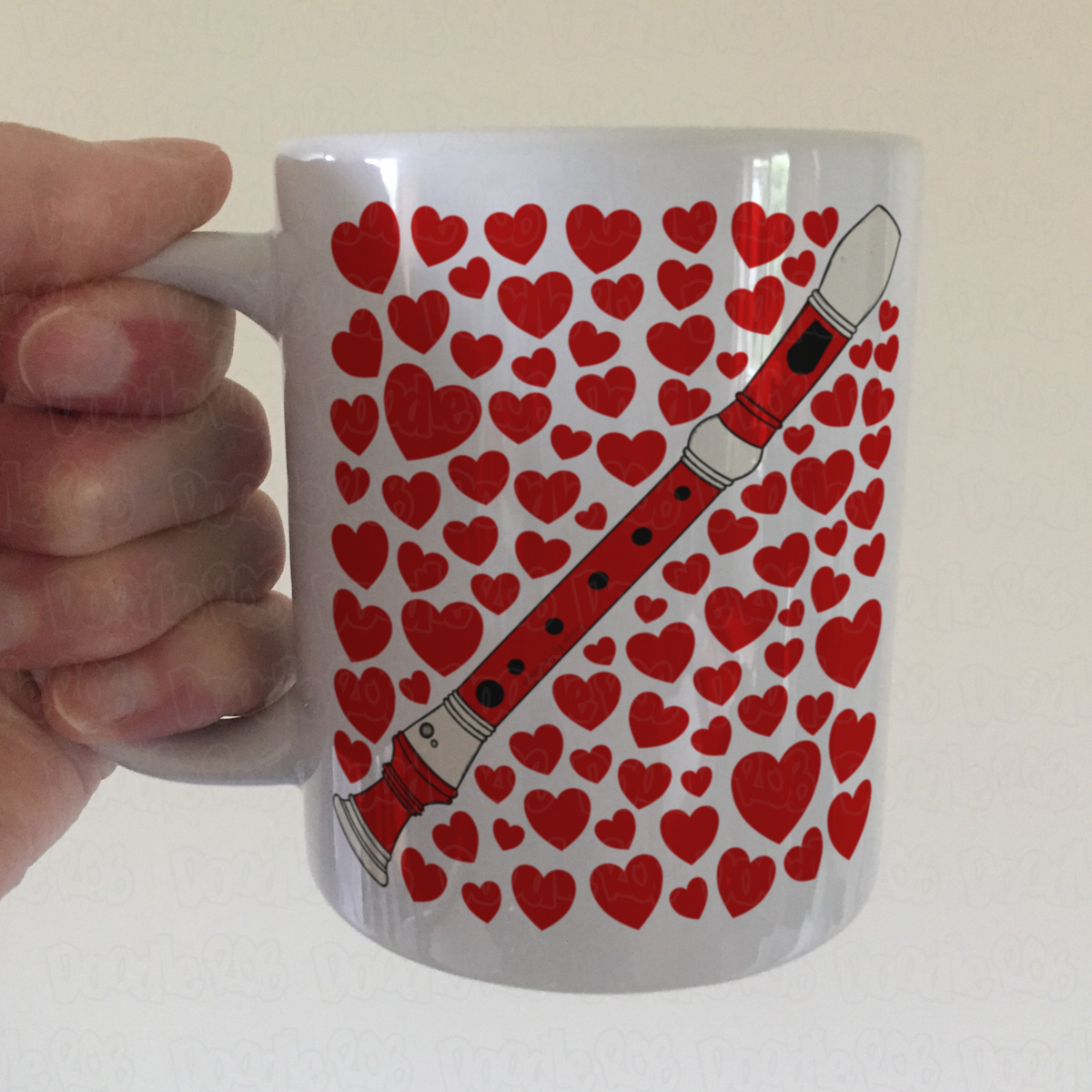 Recorder With Hearts Mug - Gift For Recorderist - Woodwind Musician Valentines Anniversary Gift
