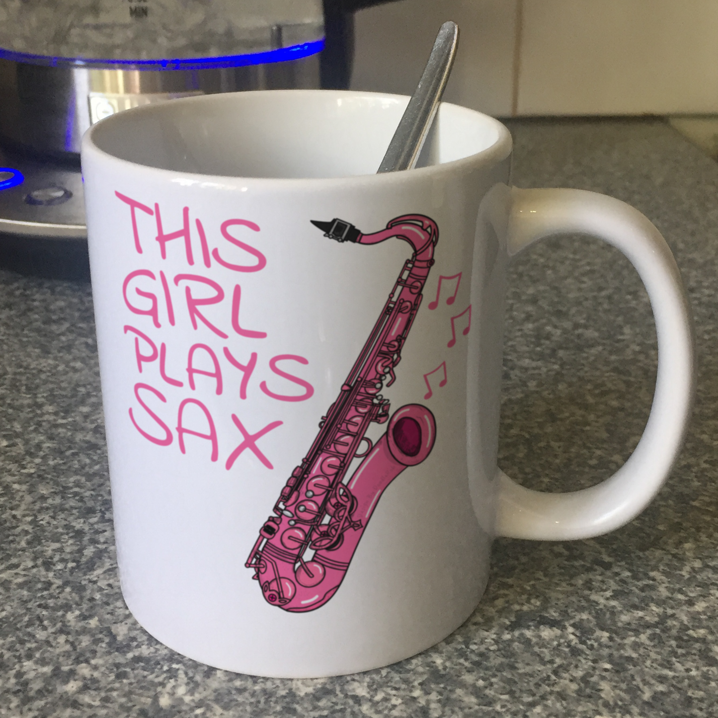 Pink Saxophone Mug - This Girl Plays Sax - Female Saxophonist - Woodwind Musician Gift For Her