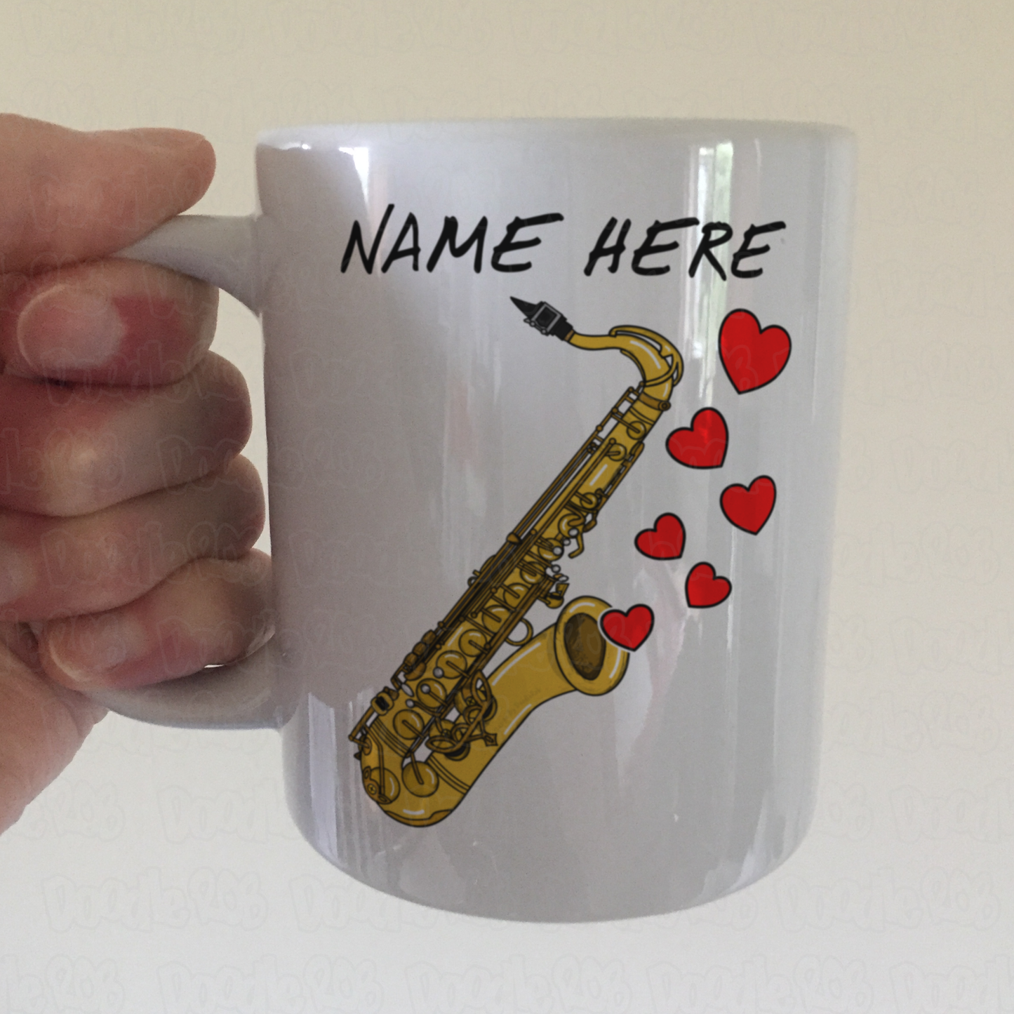 Personalised Saxophone Mug (Hearts) - Saxophonist Custom Gift - Wedding Sax Player Mug