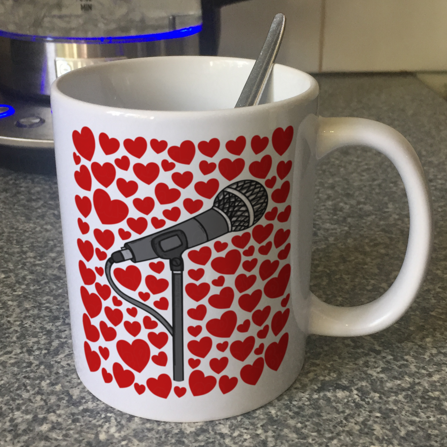 Singer Microphone With Hearts Mug - Gift For Vocalist - Singing Teacher Mug - Musician Valentines Anniversary Gift