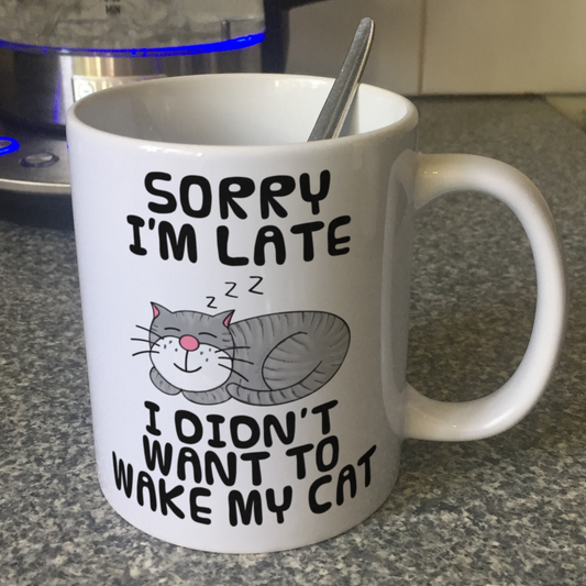 Sleeping Cat Mug (Grey) - Sorry I'm Late, I Didn't Want To Wake My Cat - Funny Gift For Cat Lover