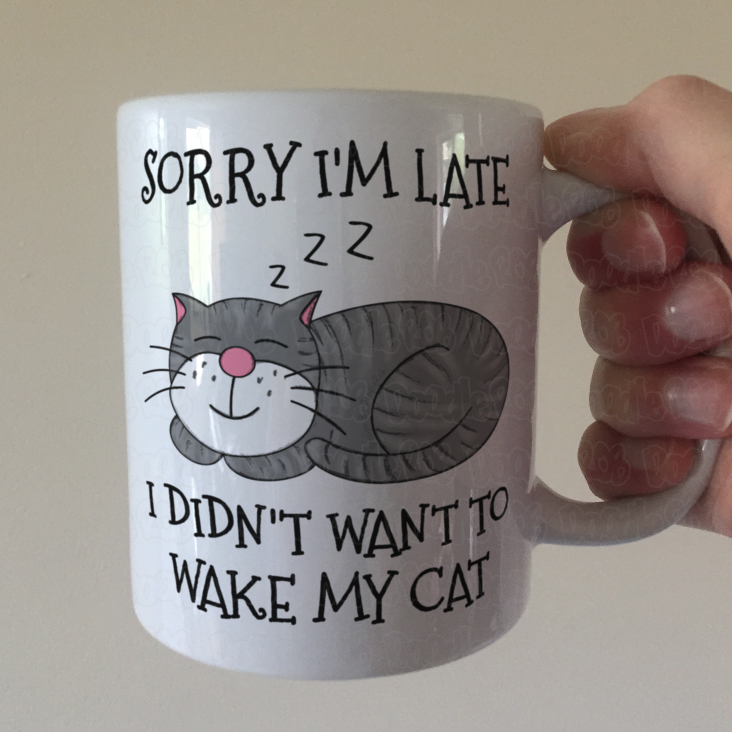 Sleeping Cat Mug (Grey) - Sorry I'm Late, I Didn't Want To Wake My Cat - Funny Gift For Cat Lover