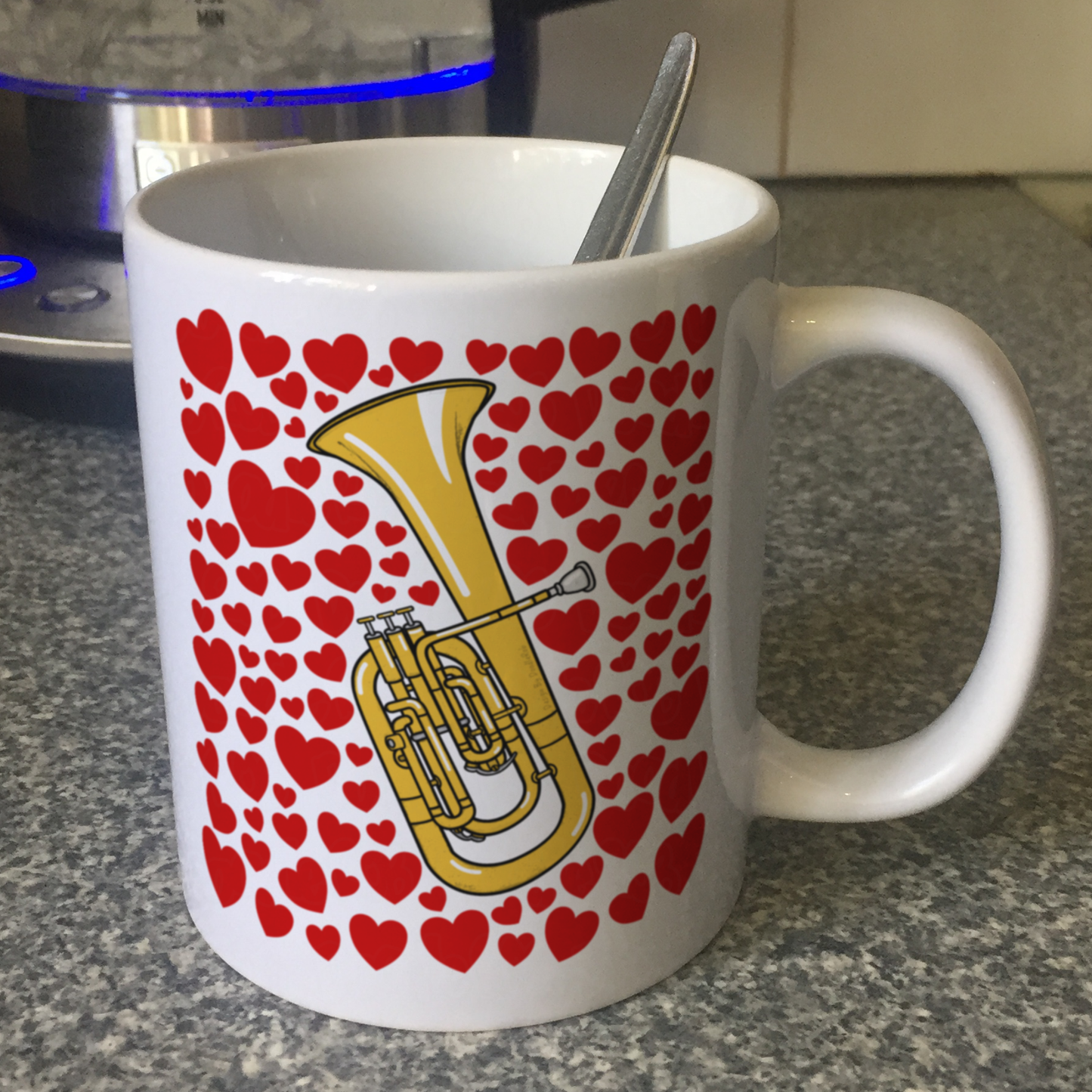 Tenor Horn With Hearts Mug - Gift For Horn Player - Brass Musician Valentines Anniversary Gift