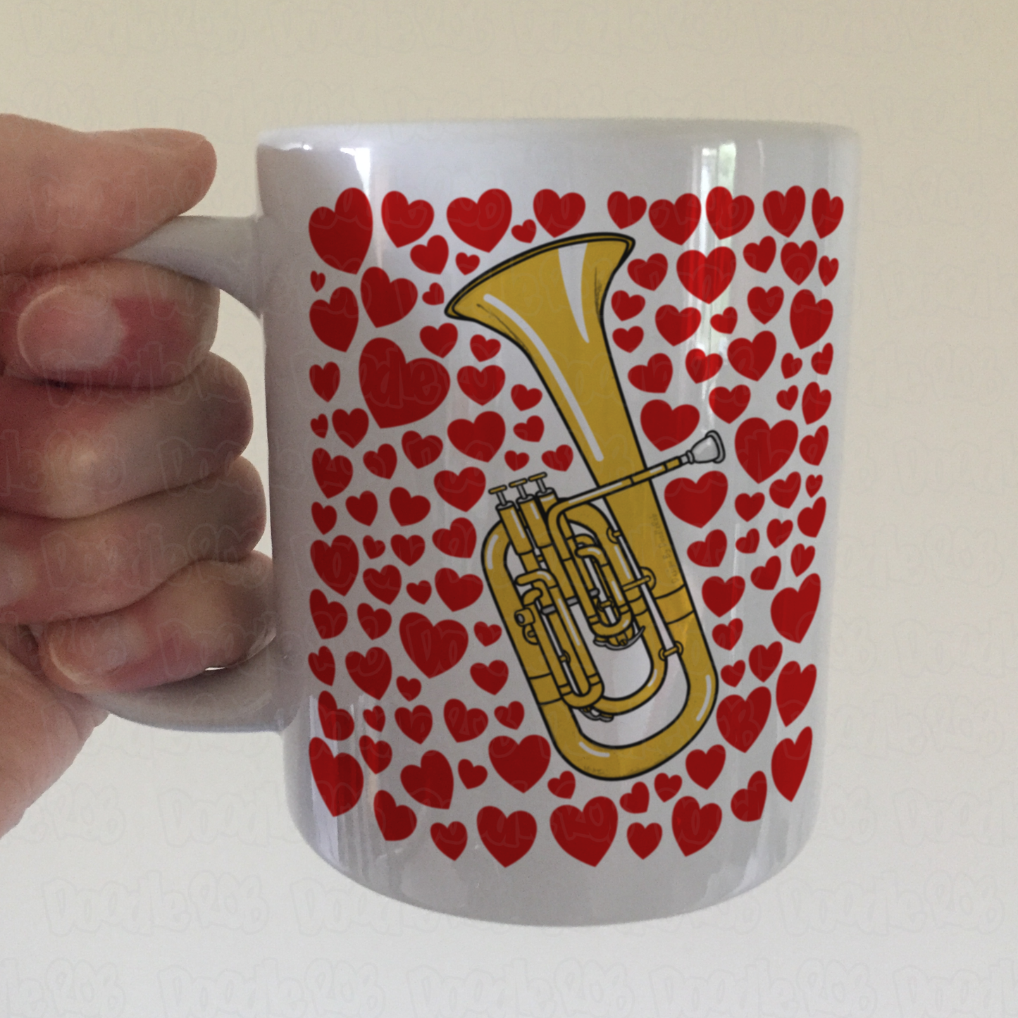 Tenor Horn With Hearts Mug - Gift For Horn Player - Brass Musician Valentines Anniversary Gift