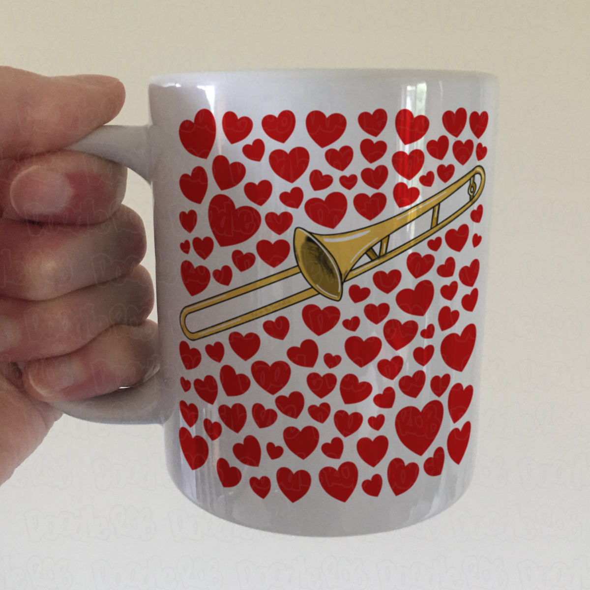 Trombone With Hearts Mug - Gift For Trombonist - Brass Musician Valentines Anniversary Gift