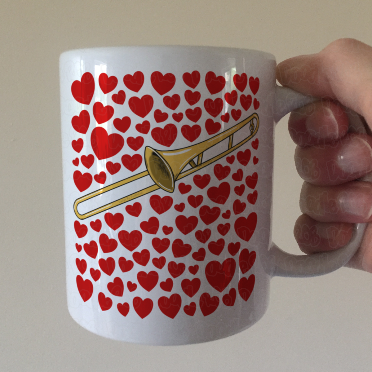 Trombone With Hearts Mug - Gift For Trombonist - Brass Musician Valentines Anniversary Gift