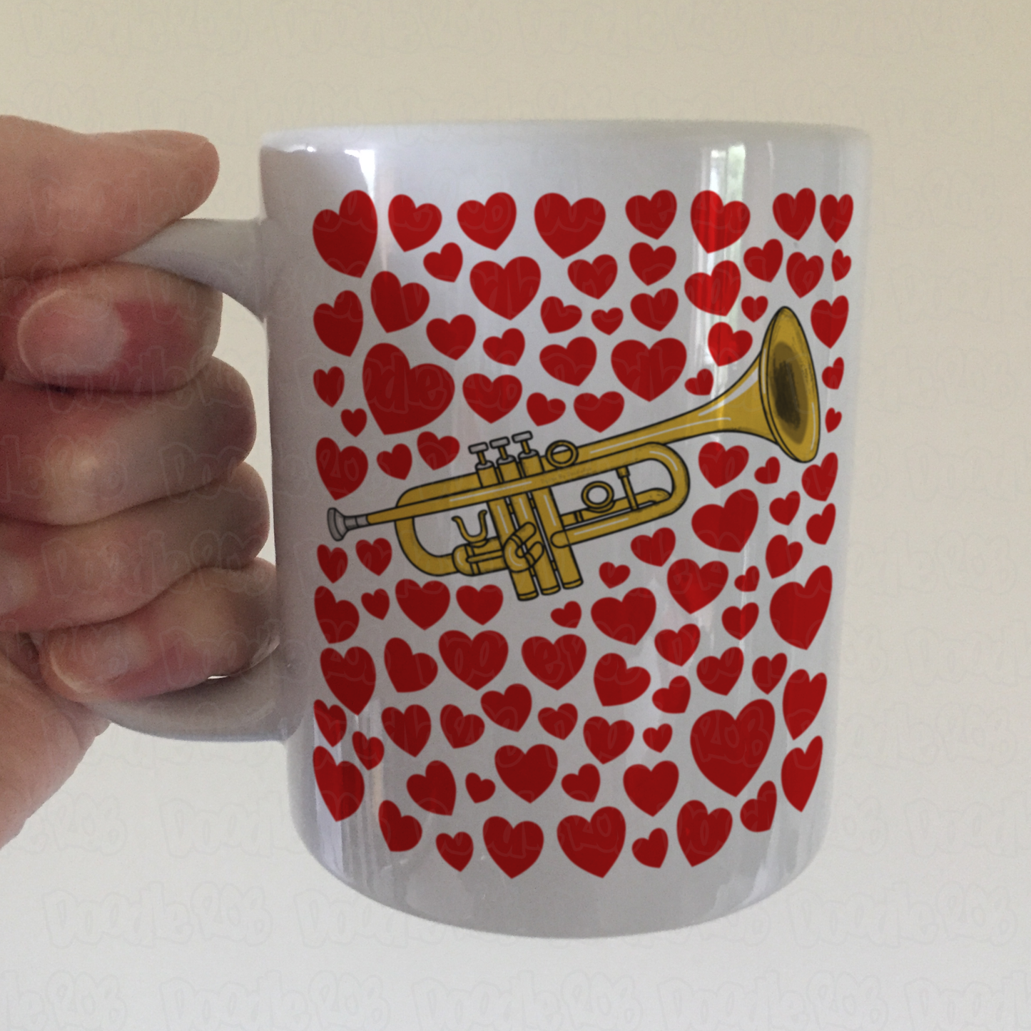 Trumpet With Hearts Mug - Gift For Trumpeter - Brass Musician Valentines Anniversary Gift