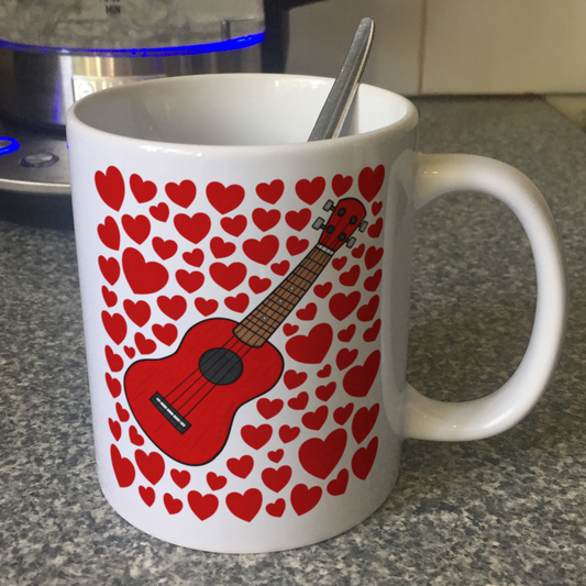 Ukulele With Hearts Mug - Uke Player Gift - Musician Valentines Anniversary Gift