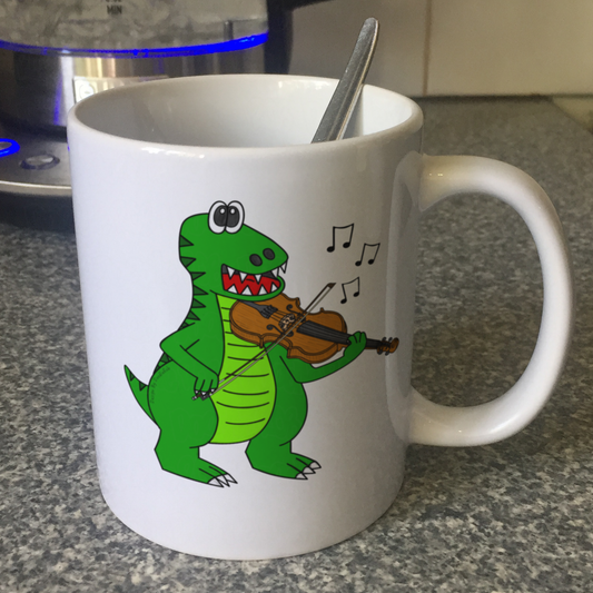 T-Rex Dinosaur Playing Violin Mug - Funny Violinist Mug - Music Teacher Gift