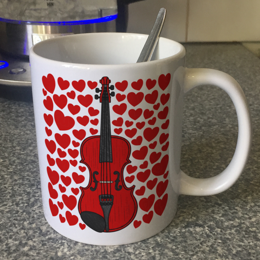 Violin With Hearts Mug - Violinist Mug - String Musician Valentines Anniversary Gift