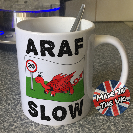 Funny Welsh Flag Mug - 20mph Speed Limit Wales - Tortoise Welsh Dragon - ARAF Slow - Wales Gift