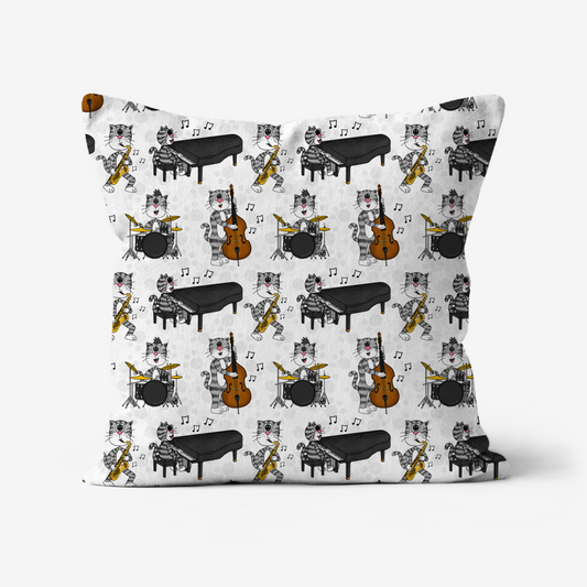 Cats Playing Jazz Pattern Cushion - Saxophone, Piano, Drums and Double Bass - Musician Music Room Decor