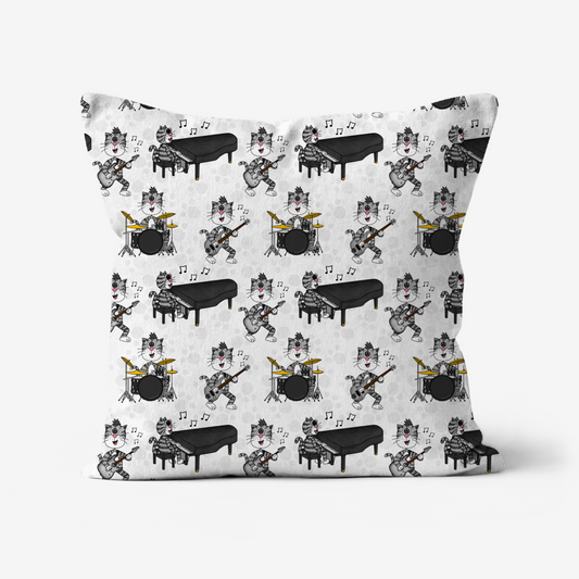 Cats Playing Rock Music Pattern Cushion - Electric Guitar, Bass Guitar, Drums, Piano - Musician Music Room Decor
