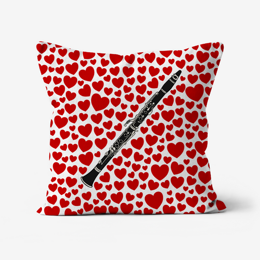 Clarinet With Hearts Cushion - Clarinetist Musician Valentines Anniversary Gift