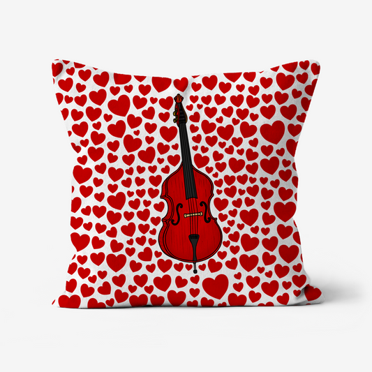 Double Bass With Hearts Cushion - Bassist Musician Valentines Anniversary Gift