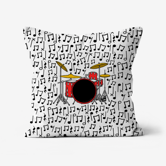 Drum Kit Musical Notes Cushion (Red) - Drummer Gift - Musician Home Decor