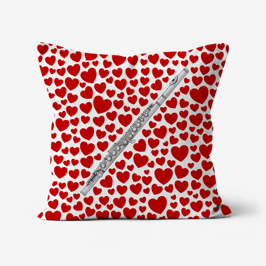Flute With Hearts Cushion - Flautist Musician Valentines Anniversary Gift