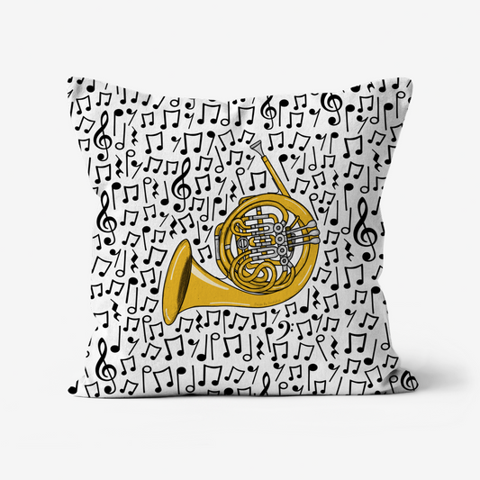 French Horn Musical Notes Cushion - Horn Player Gift - Musician Home Decor