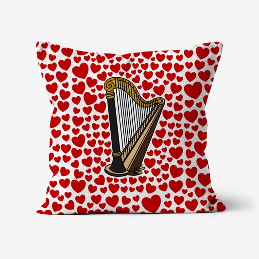 Harp With Hearts Cushion - Harpist Musician Valentines Anniversary Gift