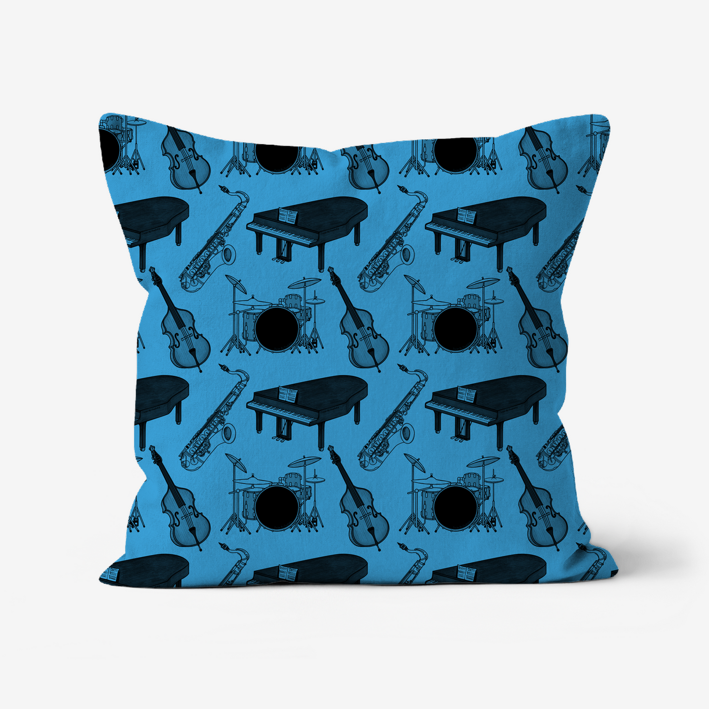 Jazz Music Pattern Cushion (Blue) - Saxophone, Grand Piano, Drums, Double Bass - Musician Music Room Decor