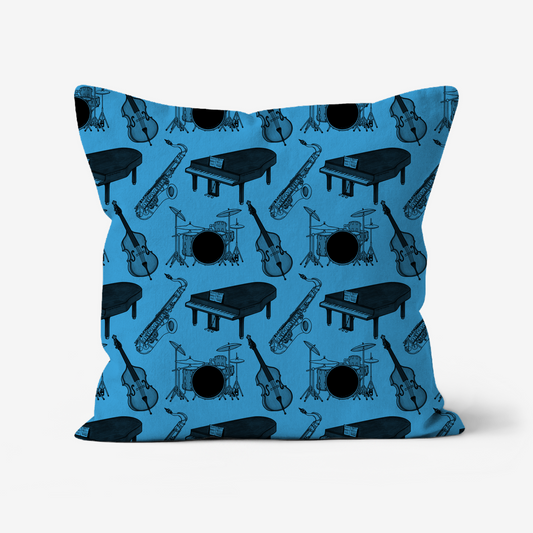Jazz Music Pattern Cushion (Blue) - Saxophone, Grand Piano, Drums, Double Bass - Musician Music Room Decor