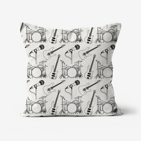 Rock Music Pattern Cushion - Electric Guitar, Bass, Drums, Microphone - Musician Music Room Decor