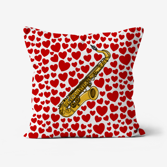Saxophone With Hearts Cushion - Saxophonist Musician Valentines Anniversary Gift