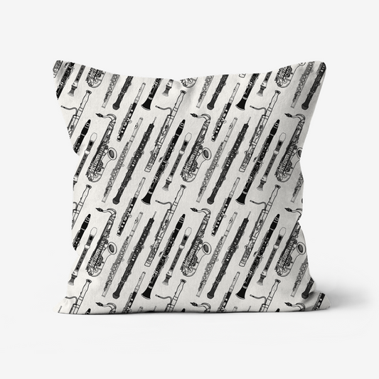 Woodwind Music Pattern Cushion - Saxophone, Clarinet, Oboe, Bassoon, Piccolo, Recorder - Musician Music Room Decor