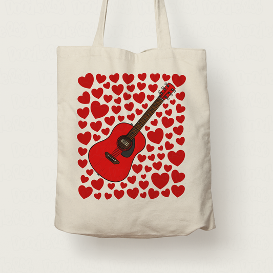 Acoustic Guitar With Hearts Tote Bag - Guitarist Tote Bag - Musician Valentines Anniversary Gift