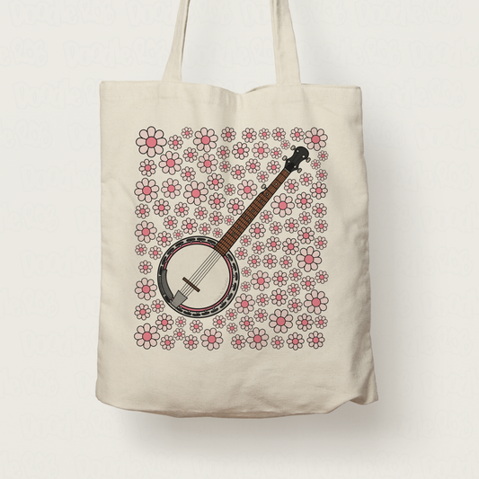 Banjo Floral Tote Bag (Pink Flowers) - Banjoist Folk - Folk Musician Gift For Girl