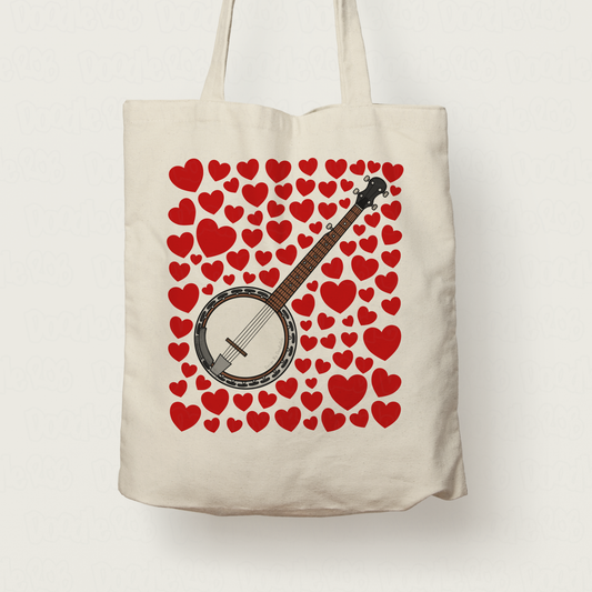 Banjo With Hearts Tote Bag - Banjoist Gift - Folk Musician Valentines Anniversary Gift