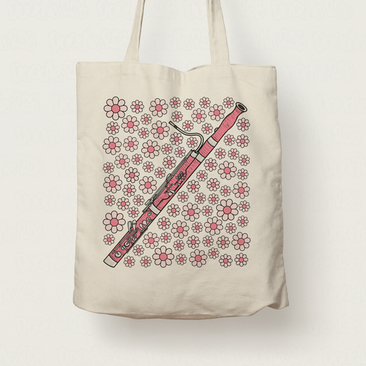 Bassoon Floral Tote Bag (Pink Flowers) - Female Bassoonist - Woodwind Musician Gift For Girl