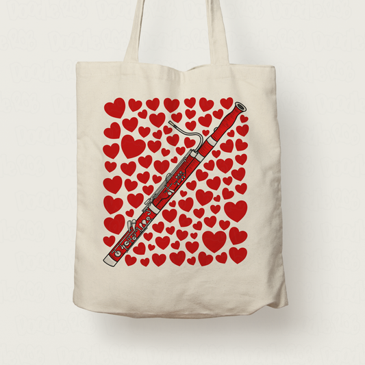 Bassoon With Hearts Tote Bag - Gift For Bassoonist - Woodwind Musician Valentines Anniversary Gift
