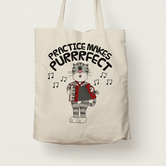 Cat Accordion Tote Bag - Practice Makes Purrrfect - Gift For Accordionist - Folk Musician Gift