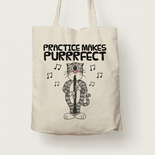 Cat Clarinet Tote Bag - Practice Makes Purrrfect - Gift For Clarinetist - Woodwind Musician Orchestra Gift