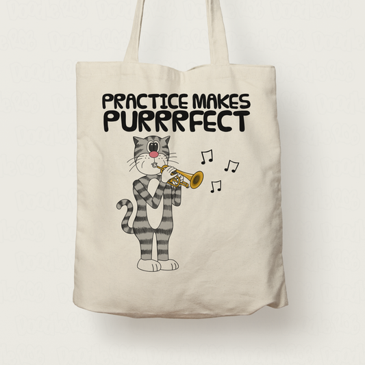 Cat Playing Cornet Tote Bag - Practice Makes Purrrfect - Gift For Cornetist - Brass Musician Gift