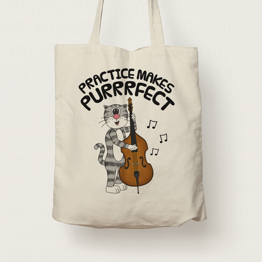 Cat Double Bass Tote Bag - Practice Makes Purrrfect - Funny Gift For Bassist - Jazz Musician Gift