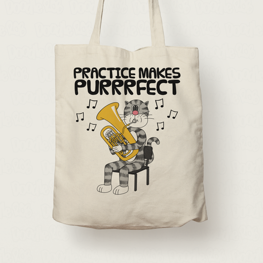 Cat Euphonium Tote Bag - Practice Makes Purrrfect - Gift For Euphoniumist - Brass Musician Gift
