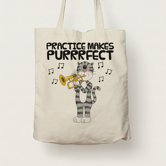 Cat Flugelhorn Tote Bag - Practice Makes Purrrfect - Gift For Hornist - Brass Musician Gift