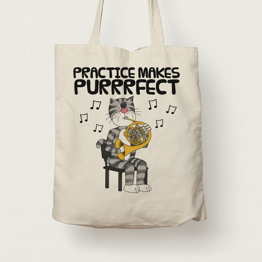 Cat French Horn Tote Bag - Practice Makes Purrrfect - Gift For Hornist - Brass Musician Gift