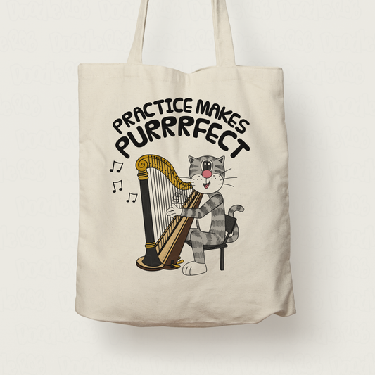 Cat Harp Tote Bag - Practice Makes Purrrfect - Funny Gift For Harpist - Orchestra Musician Gift