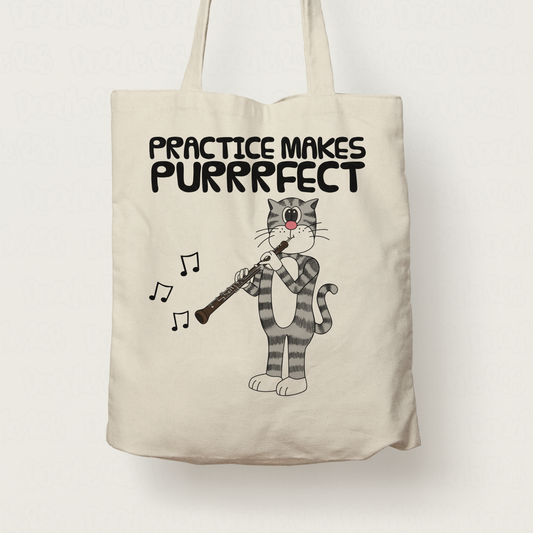 Cat Oboe Tote Bag - Practice Makes Purrrfect - Gift For Oboist - Woodwind Musician Orchestra Gift