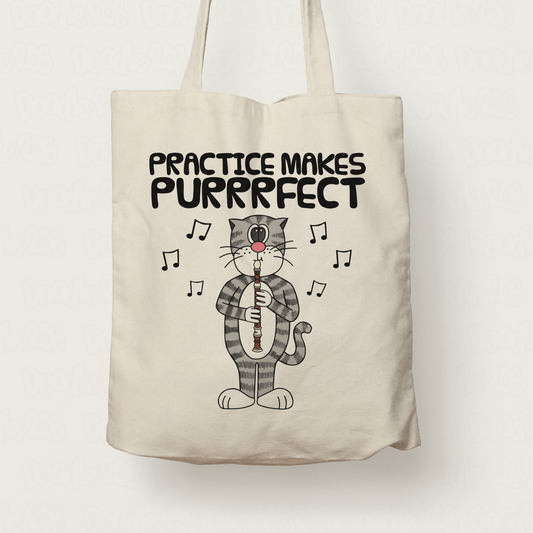 Cat Playing Recorder Tote Bag - Practice Makes Purrrfect - Gift For Recorderist - School Music Teacher Gift