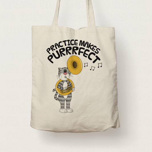 Cat Sousaphone Tote Bag - Practice Makes Purrrfect - Gift For Sousaphonist - Brass Musician Gift
