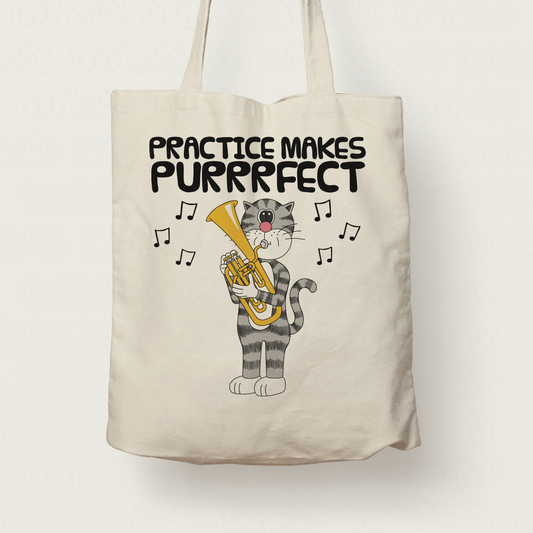 Cat Tenor Horn Tote Bag - Practice Makes Purrrfect - Gift For Hornist - Brass Musician Gift
