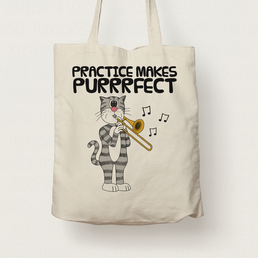 Cat Trombone Tote Bag - Practice Makes Purrrfect - Gift For Trombonist - Brass Musician Orchestra Gift