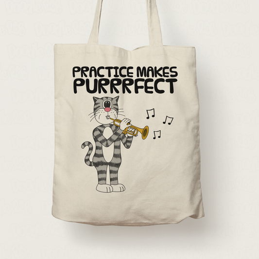 Cat Trumpet Tote Bag - Practice Makes Purrrfect - Gift For Trumpeter - Brass Musician Orchestra Gift