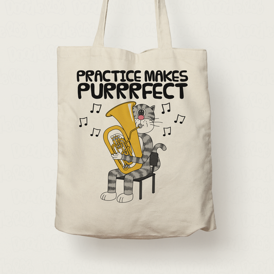 Cat Tuba Tote Bag - Practice Makes Purrrfect - Gift For Tubaist - Brass Musician Gift
