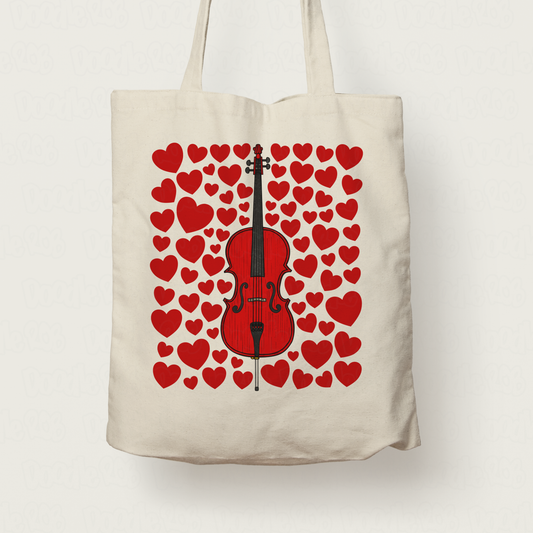 Cello With Hearts Tote Bag - Cellist Tote Bag - String Musician Valentines Anniversary Gift